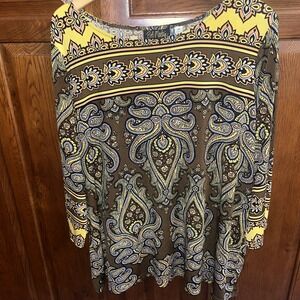 QVC Bob Mackie Wearable Art 2X Paisley Pattern  Top Tunic Brown Gold Black
